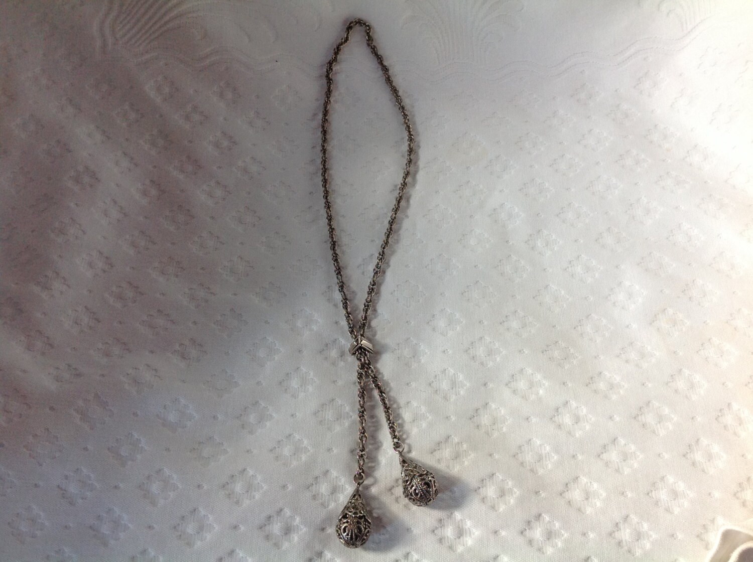 Interlocking Filigree Slider Vintage Silvertone Filigree Slider Necklace Teardrop Slide Necklace ...