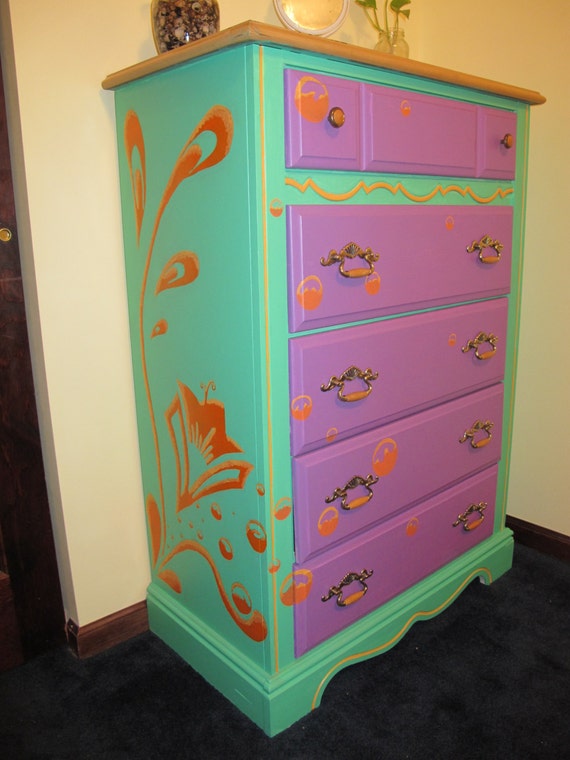 Items similar to Bright colored, hand painted dresser on Etsy