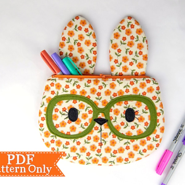 Bunny Zippy Critter PDF Pattern, Sewing Pattern, Rabbit with Glasses, Handmade Sewn Gift Idea, Instant Download, Cute Zipper Pouch