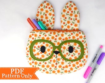 Bunny Zippy Critter PDF Pattern, Sewing Pattern, Rabbit with Glasses, Handmade Sewn Gift Idea, Instant Download, Cute Zipper Pouch
