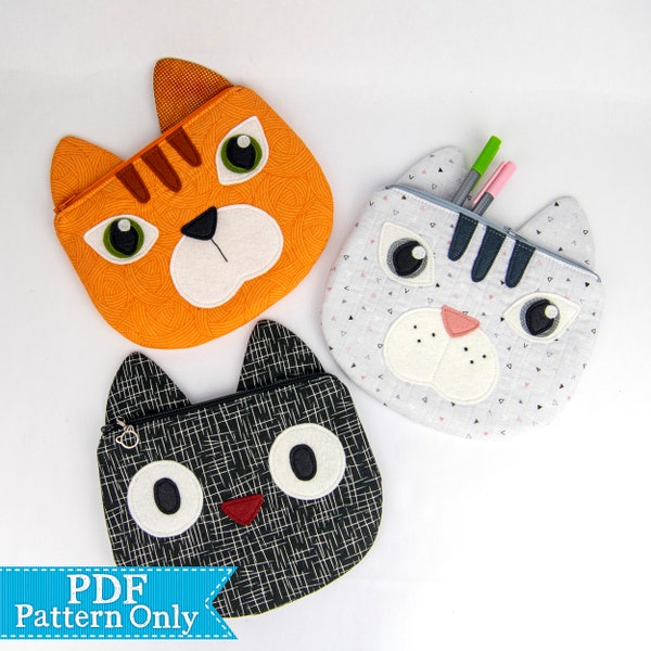 Kitty Cat Zippy Critter PDF Pattern, Sewing Pattern, School Supplies, Handmade Sewn Gift Idea, Instant Download, Cute Zipper Pouch