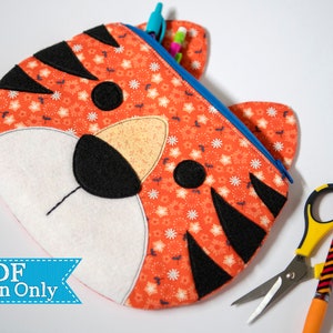 Tiger Zippy Critter PDF Pattern, Sewing Pattern, School Supplies, Handmade Sewn Gift Idea, Instant Download, Cute Zipper Pouch