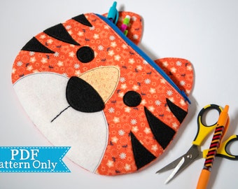 Tiger Zippy Critter PDF Pattern, Sewing Pattern, School Supplies, Handmade Sewn Gift Idea, Instant Download, Cute Zipper Pouch