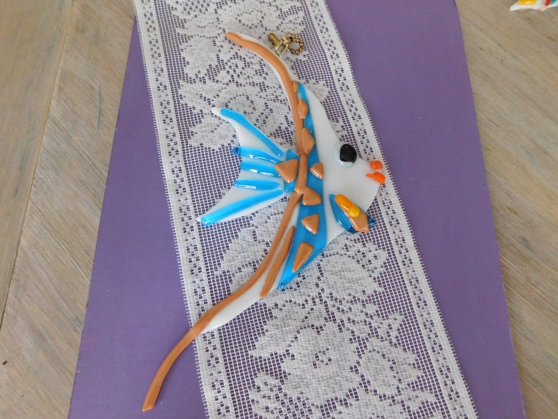 White Glass Angel Fish with Light Brown and Blue Stripes SuncatcherFan PullWall Decor Graceful Extra Large