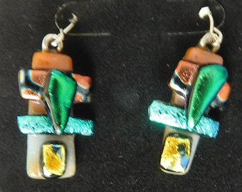 Gold, Aqua, Peach, Green and Pink Earrings - Bright Dichroic Glass