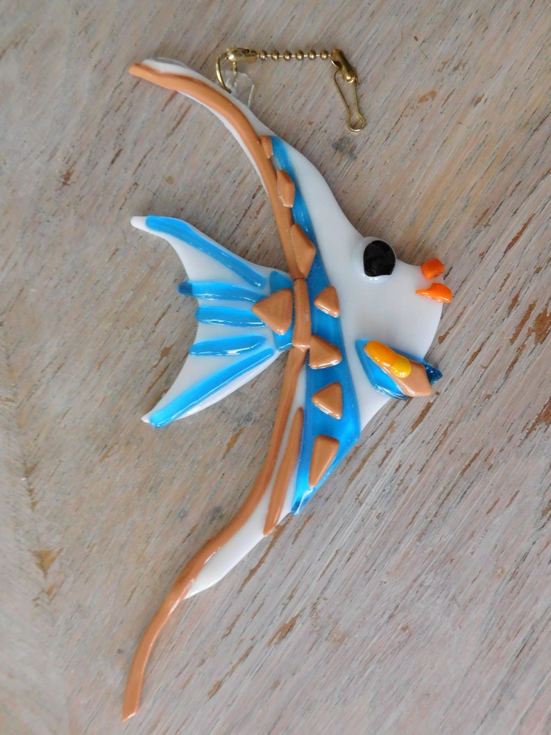 White Glass Angel Fish with Light Brown and Blue Stripes SuncatcherFan PullWall Decor Graceful Extra Large