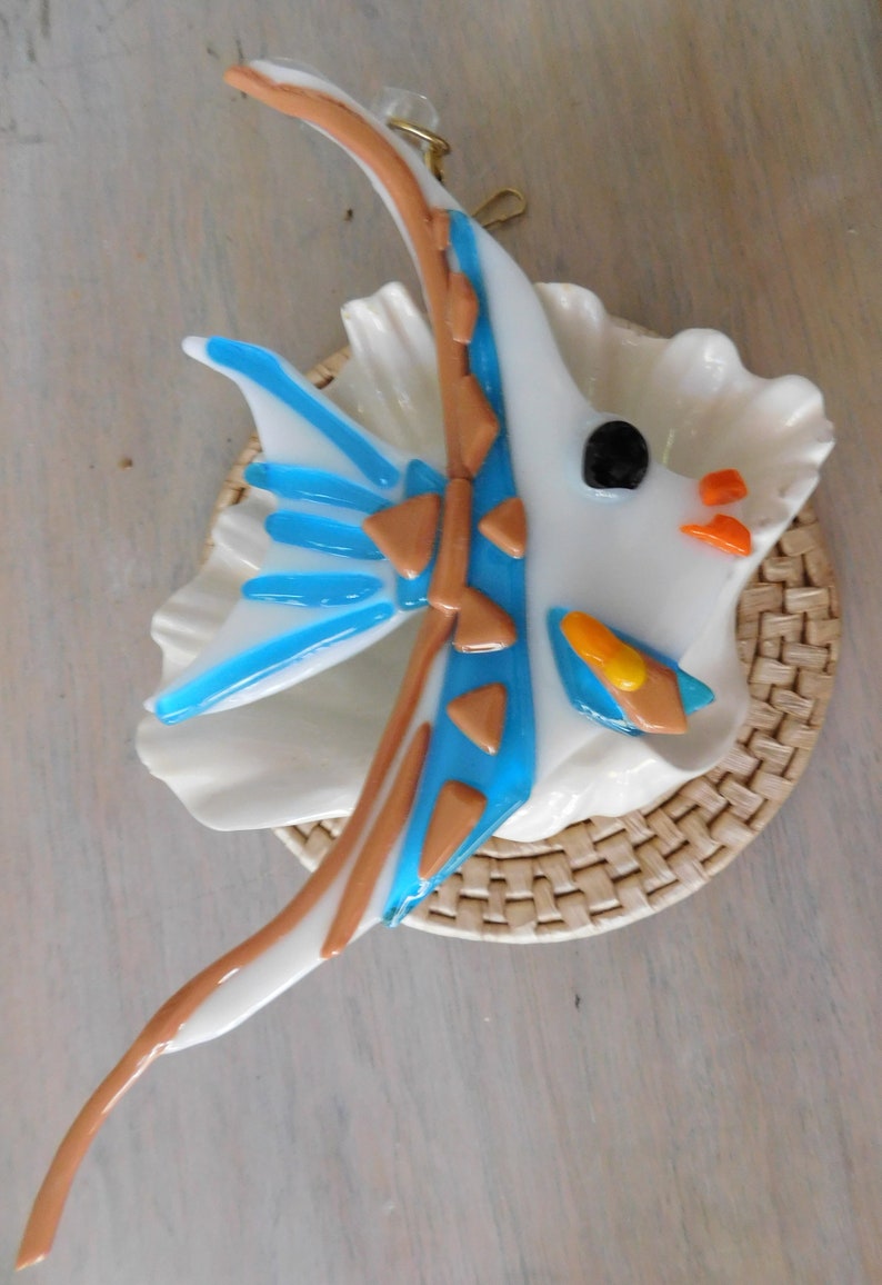 White Glass Angel Fish with Light Brown and Blue Stripes SuncatcherFan PullWall Decor Graceful Extra Large