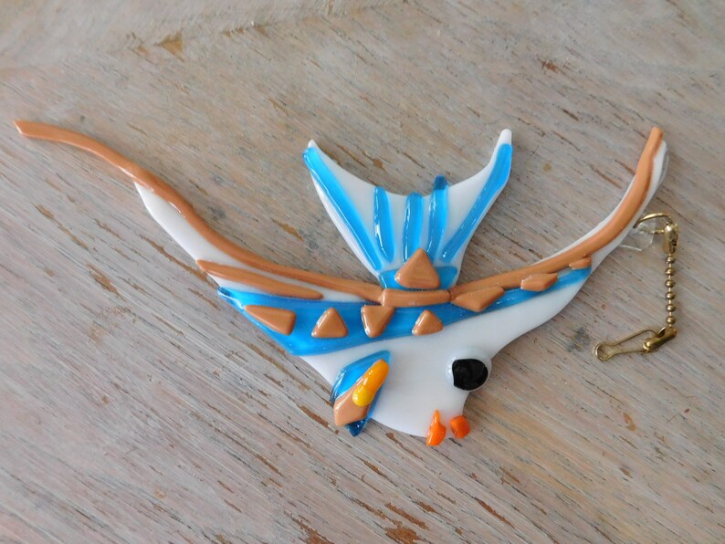 White Glass Angel Fish with Light Brown and Blue Stripes SuncatcherFan PullWall Decor Graceful Extra Large
