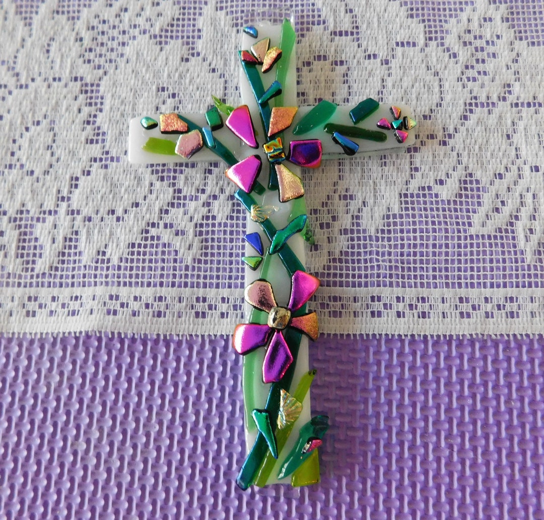 Pretty Translucent Crosses Translucent White Glass Cross Decorated With Bright Pink and Fuchsia ...