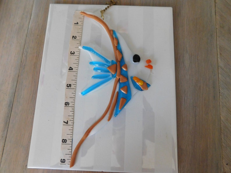 White Glass Angel Fish with Light Brown and Blue Stripes SuncatcherFan PullWall Decor Graceful Extra Large