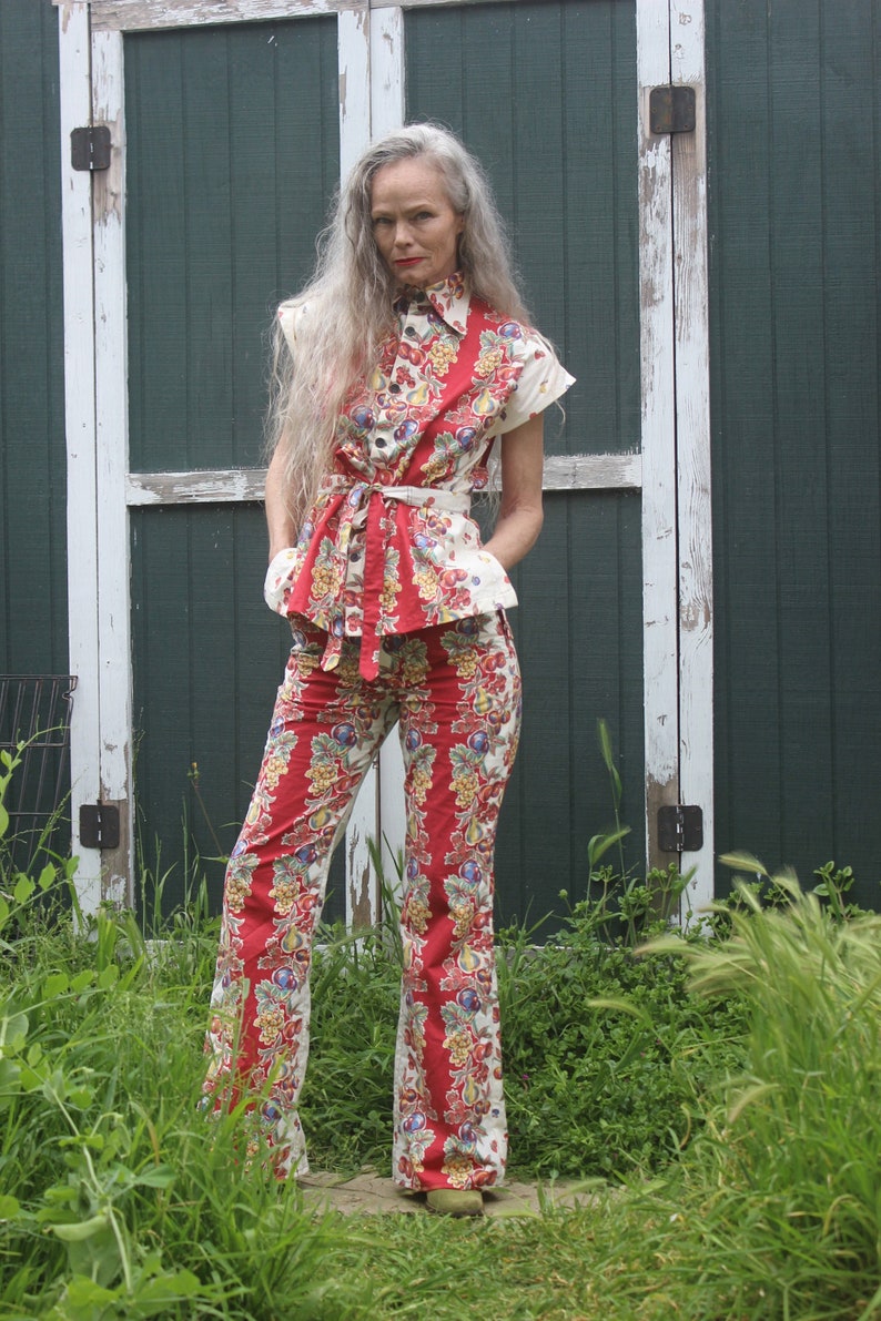 Vintage cotton tablecloth print fruity Picnic pants suit set sz 29 waist M image 1