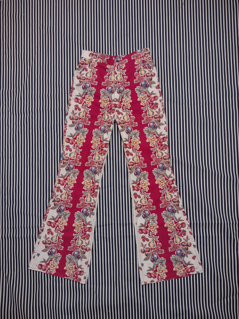 Vintage cotton tablecloth print fruity Picnic pants suit set sz 29 waist M image 4