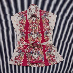 Vintage cotton tablecloth print fruity Picnic pants suit set sz 29 waist M image 7