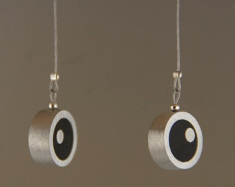 Indented Circle Aluminum and Ebony Wood Earrings