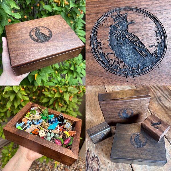 Engraved Raven Box Handmade in Oregon - Trinket Storage - Solid Walnut Wood