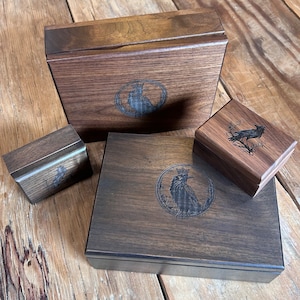 Engraved Raven Box Handmade in Oregon - Trinket Storage - Solid Walnut Wood