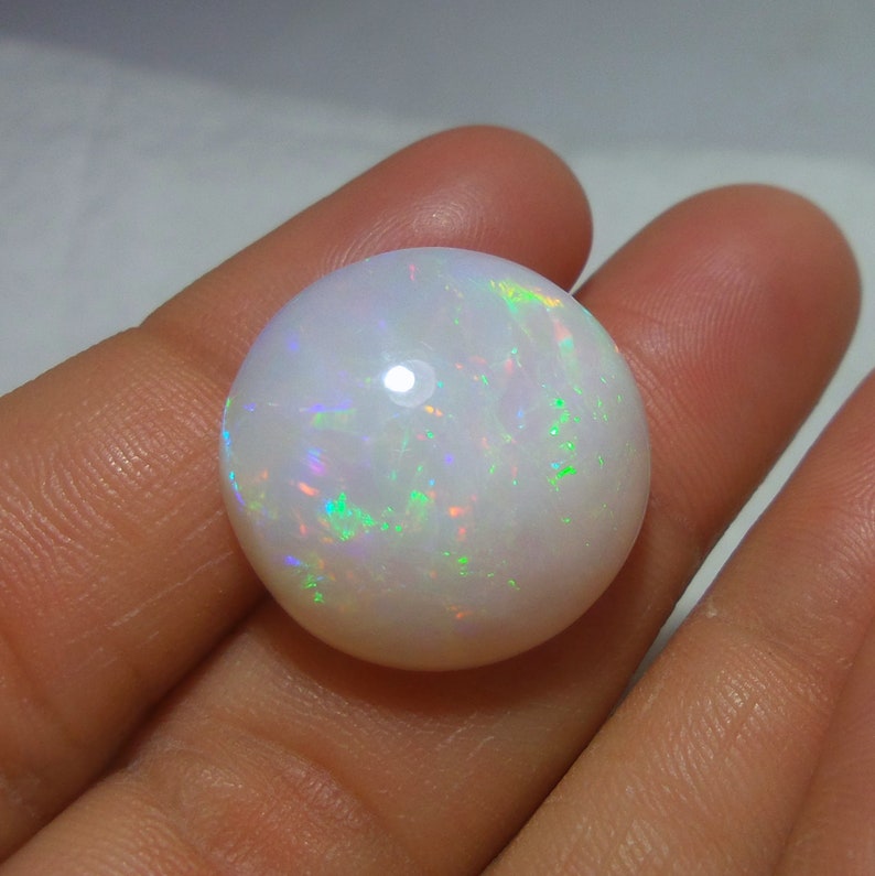 21 MM 18.3 Carat Natural White Base Red Green Multi Rainbow Fire Ethiopian Opal Round Shape Cabochon,Untreated Welo Opal Gemstone
