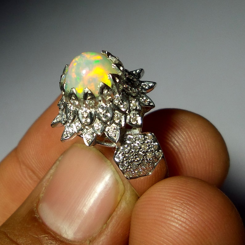 Handcrafted Special Fine Rings 8 MM Top Grade Natural Rainbow Fire Ethiopian Opal Ring Round Shape 925 Sterling Silver Unique Design Ring