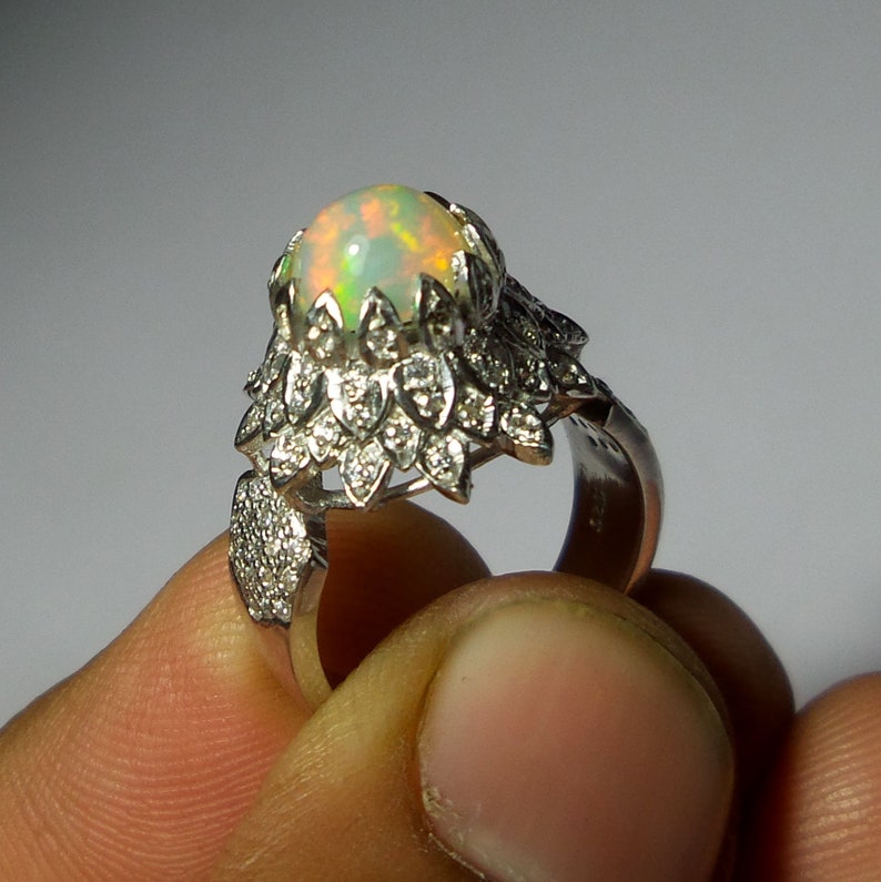 Handcrafted Special Fine Rings 8 MM Top Grade Natural Rainbow Fire Ethiopian Opal Ring Round Shape 925 Sterling Silver Unique Design Ring