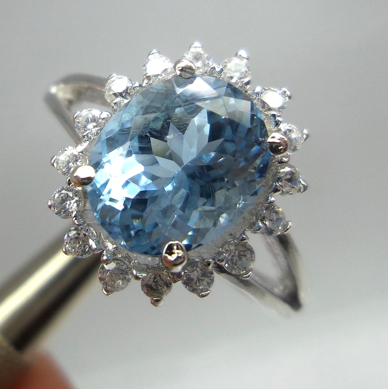 Ring Size 9 US 8x10 MM Natural Top Grade Faceted Excellent Top Blue Aquamarine Oval Shape Genuine 925 Sterling Silver Fine Quality Rings