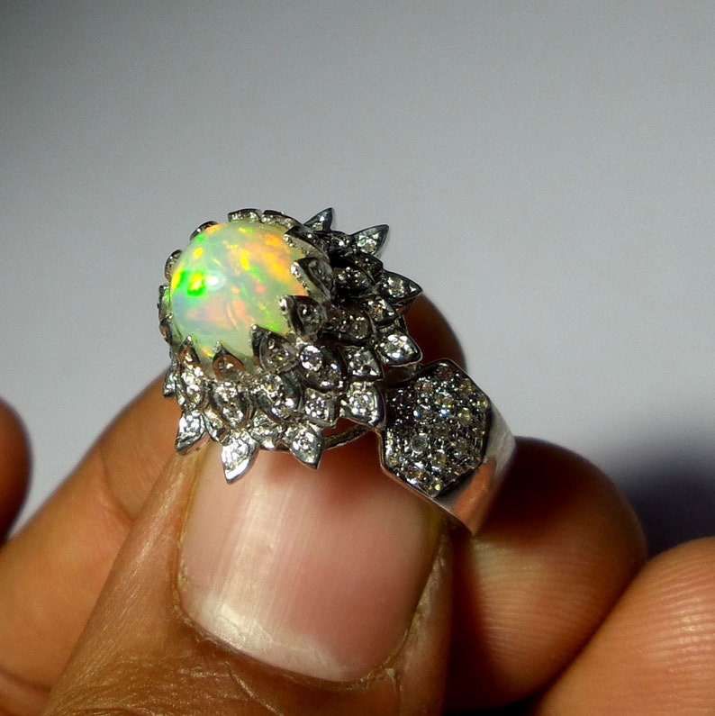 Handcrafted Special Fine Rings 8 MM Top Grade Natural Rainbow Fire Ethiopian Opal Ring Round Shape 925 Sterling Silver Unique Design Ring
