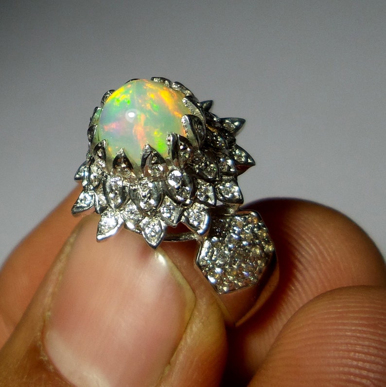 Handcrafted Special Fine Rings 8 MM Top Grade Natural Rainbow Fire Ethiopian Opal Ring Round Shape 925 Sterling Silver Unique Design Ring