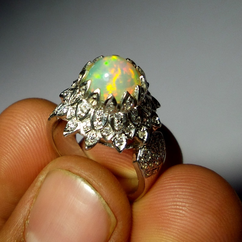 Handcrafted Special Fine Rings 8 MM Top Grade Natural Rainbow Fire Ethiopian Opal Ring Round Shape 925 Sterling Silver Unique Design Ring