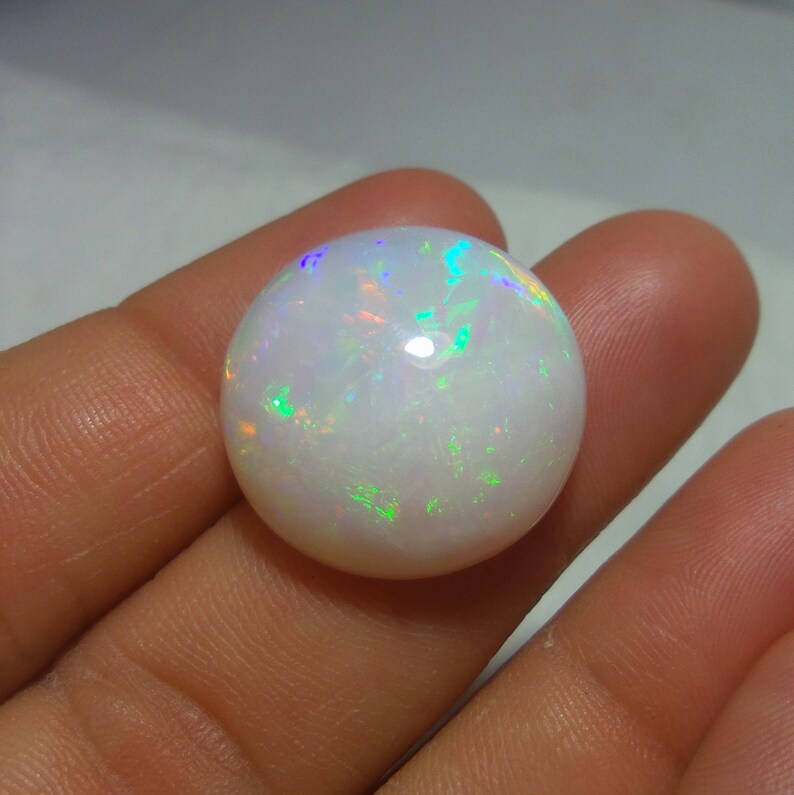 21 MM 18.3 Carat Natural White Base Red Green Multi Rainbow Fire Ethiopian Opal Round Shape Cabochon,Untreated Welo Opal Gemstone
