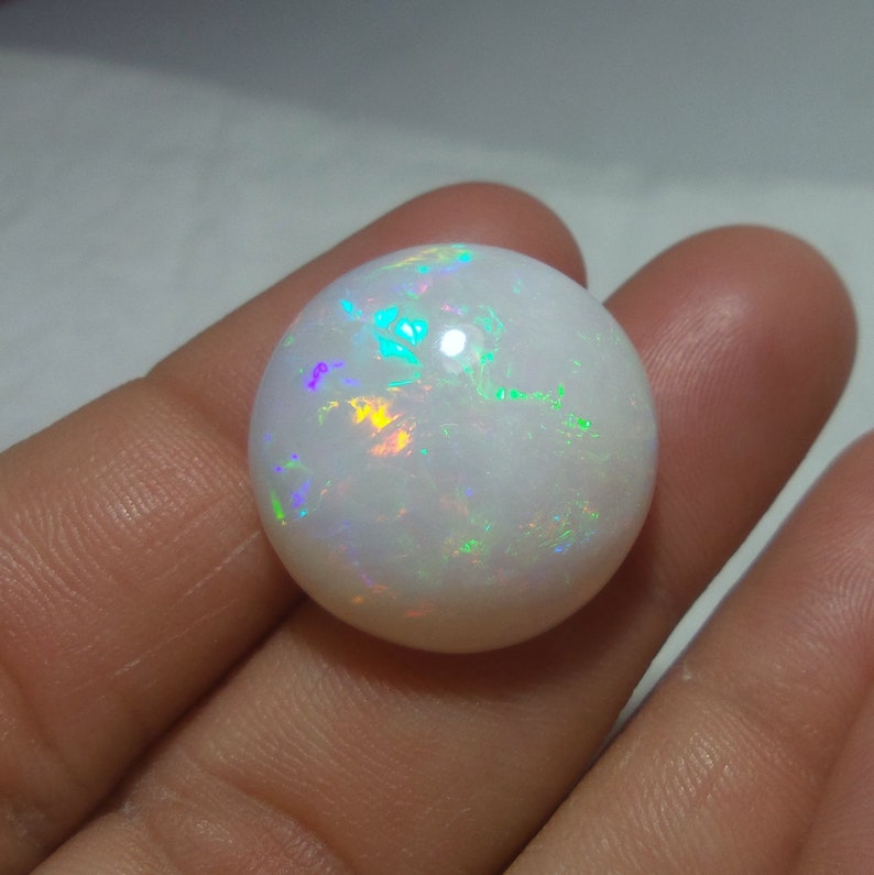 21 MM 18.3 Carat Natural White Base Red Green Multi Rainbow Fire Ethiopian Opal Round Shape Cabochon,Untreated Welo Opal Gemstone