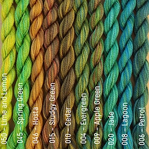 May include: A collection of ten skeins of hand-dyed yarn in shades of green, yellow, and blue. The yarn is arranged in a row, with the skeins labeled with numbers and names.