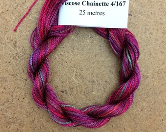 Viscose Chainette 4/167, Colour No.16 Jenny’s Rainbow, Hand Dyed Thread, Rayon Ribbon, 25 metres
