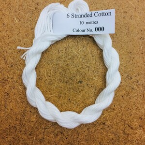 May include: White 6-stranded cotton embroidery floss, 10 metres long, colour number 000.