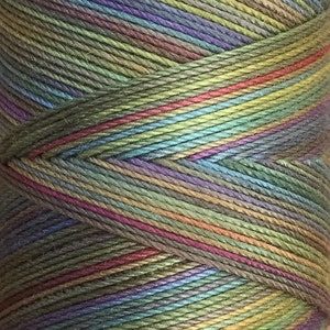 May include: A skein of multi-colored yarn with shades of green, blue, purple, and brown. The yarn is wound into a ball shape.