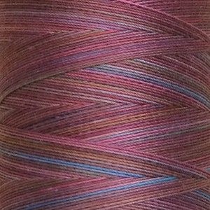 May include: A spool of multi-colored embroidery floss with shades of pink, purple, blue, and brown. The floss is wound tightly around the spool.