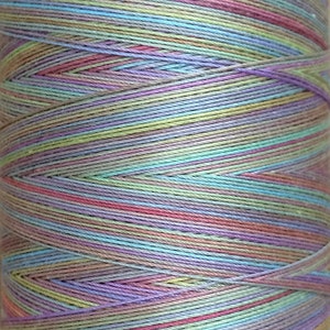 Könnte beinhalten: Eine Spule mit mehrfarbigem Stickgarn in verschiedenen Pastellfarben, darunter Rosa, Blau, Grün und Lila.