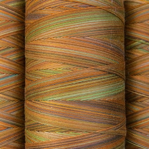 May include: Three spools of thread with a multi-colored pattern of brown, orange, green, and blue. The thread is wound tightly around each spool.