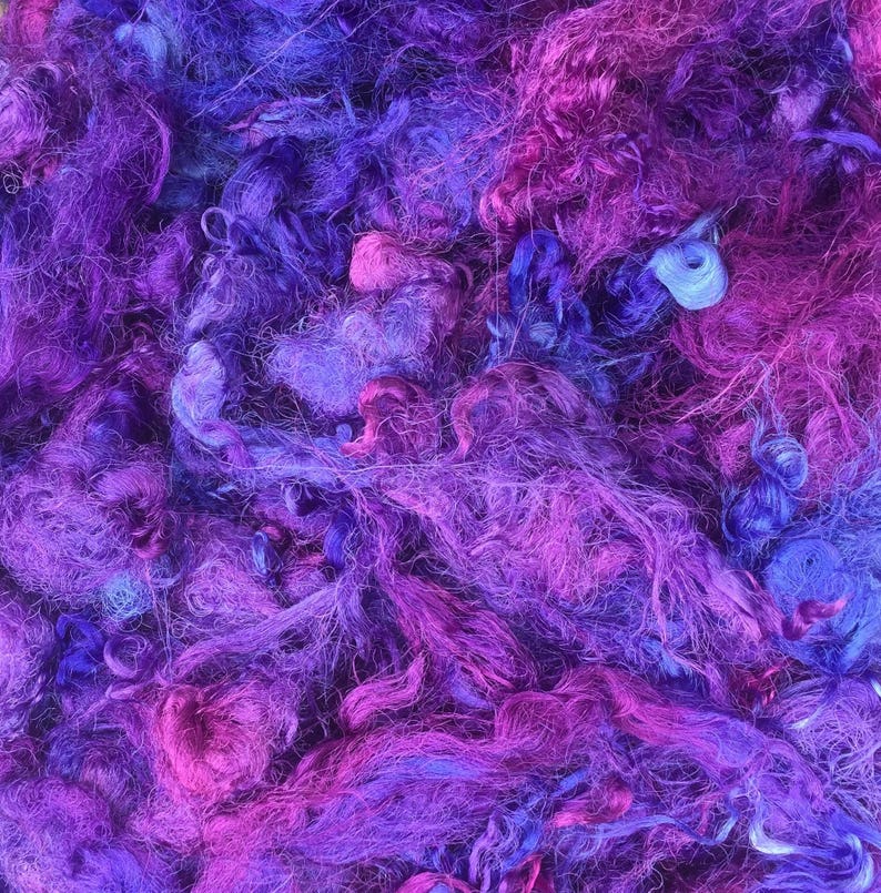 Silk Throwsters Waste, Silk Filament Waste, Hand Dyed Mulberry Silk Waste Fibre, Colour No.05 Violet image 2