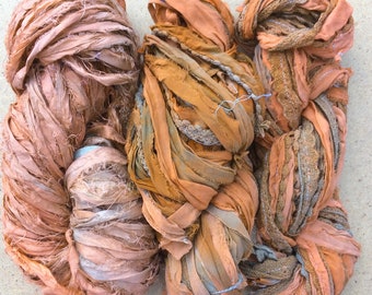 Sari Silk Chiffon Ribbons, Hand Dyed, Lace inclusions, Mixed Media, 100g, Rust, Peach, Aquamarine