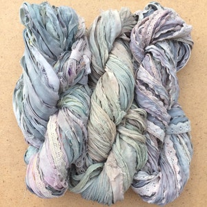 Sari Silk Chiffon Ribbons, Hand Dyed, Lace inclusions, Mixed Media, 100g, Pale Grey, Lemon, Dusky Pink
