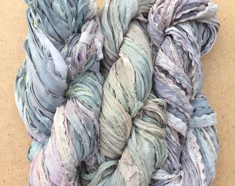 Sari Silk Chiffon Ribbons, Hand Dyed, Lace inclusions, Mixed Media, 100g, Pale Grey, Lemon, Dusky Pink