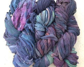 Sari Silk Chiffon Ribbons, Hand Dyed, Lace inclusions, Mixed Media, 100g, Aubergine, Sludgy Green, Grey