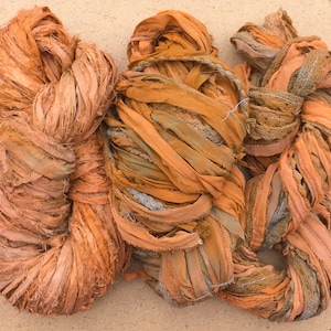 Sari Silk Chiffon Ribbons, Hand Dyed, Lace inclusions, Mixed Media, 100g, Rust
