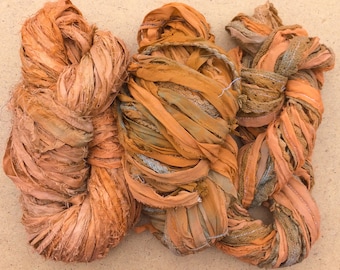 Sari Silk Chiffon Ribbons, Hand Dyed, Lace inclusions, Mixed Media, 100g, Rust