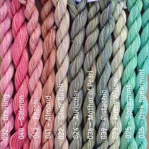 Puede incluir: Una colecci&oacute;n de 10 ovillos de hilo de bordar en varios tonos de rosa, verde y gris. El hilo est&aacute; dispuesto en una fila, con los nombres de cada color escritos debajo.