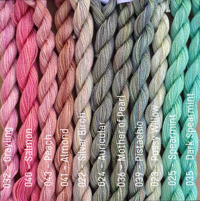 Puede incluir: Una colecci&oacute;n de 10 ovillos de hilo de bordar en varios tonos de rosa, verde y gris. El hilo est&aacute; dispuesto en una fila, con los nombres de cada color escritos debajo.