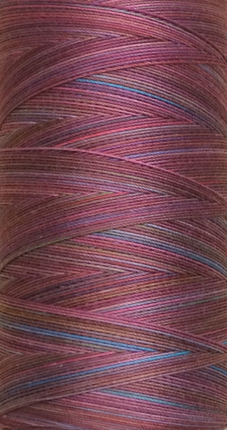 May include: A spool of multi-colored embroidery floss with shades of pink, purple, blue, and brown. The floss is wound tightly around the spool.