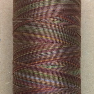 May include: A spool of multi-colored thread with shades of brown, green, purple, and orange. The thread is wound around a white plastic bobbin.