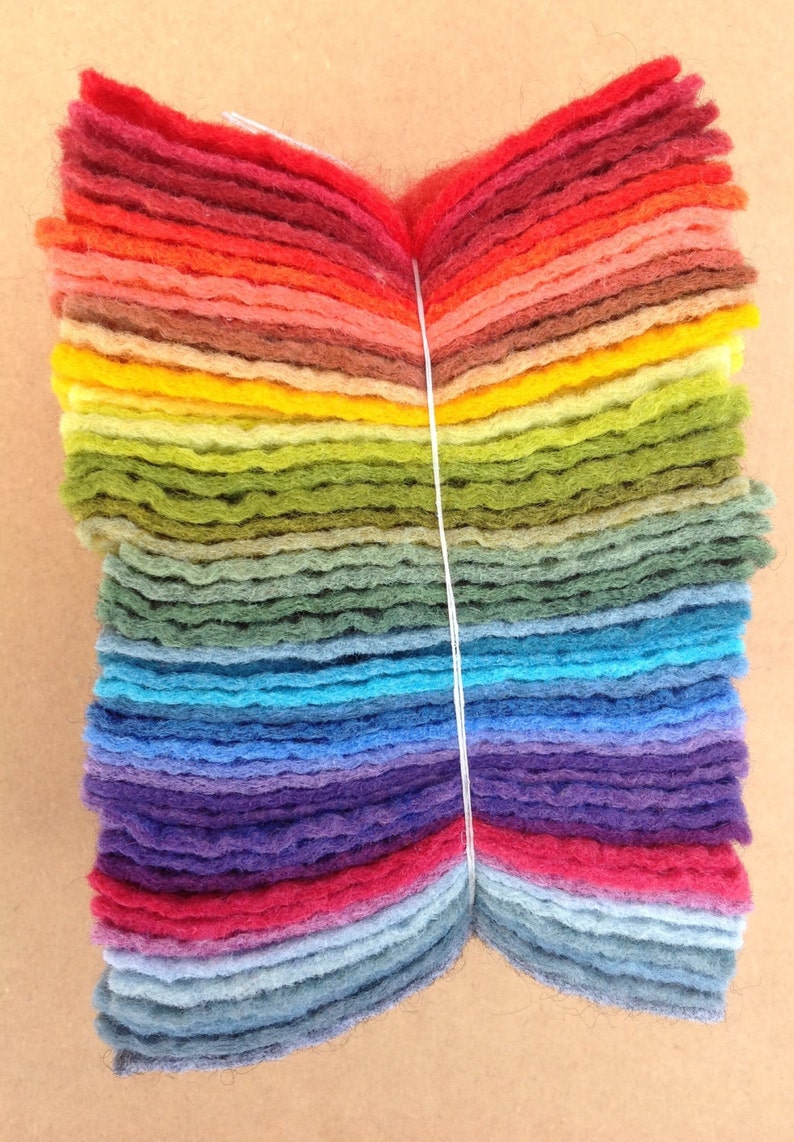 Felt Selection British Supply UK Seller 48 pieces of Hand Dyed Wool and Viscose Felt coloured across the spectrum Felt Tower