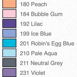 May include: Color swatches with names and numbers. Colors include Ecru, Peach, Bubble Gum, Lilac, Ice Blue, Robin's Egg Blue, Pale Aqua, Neutral Grey, Violet, and Bright Blue.