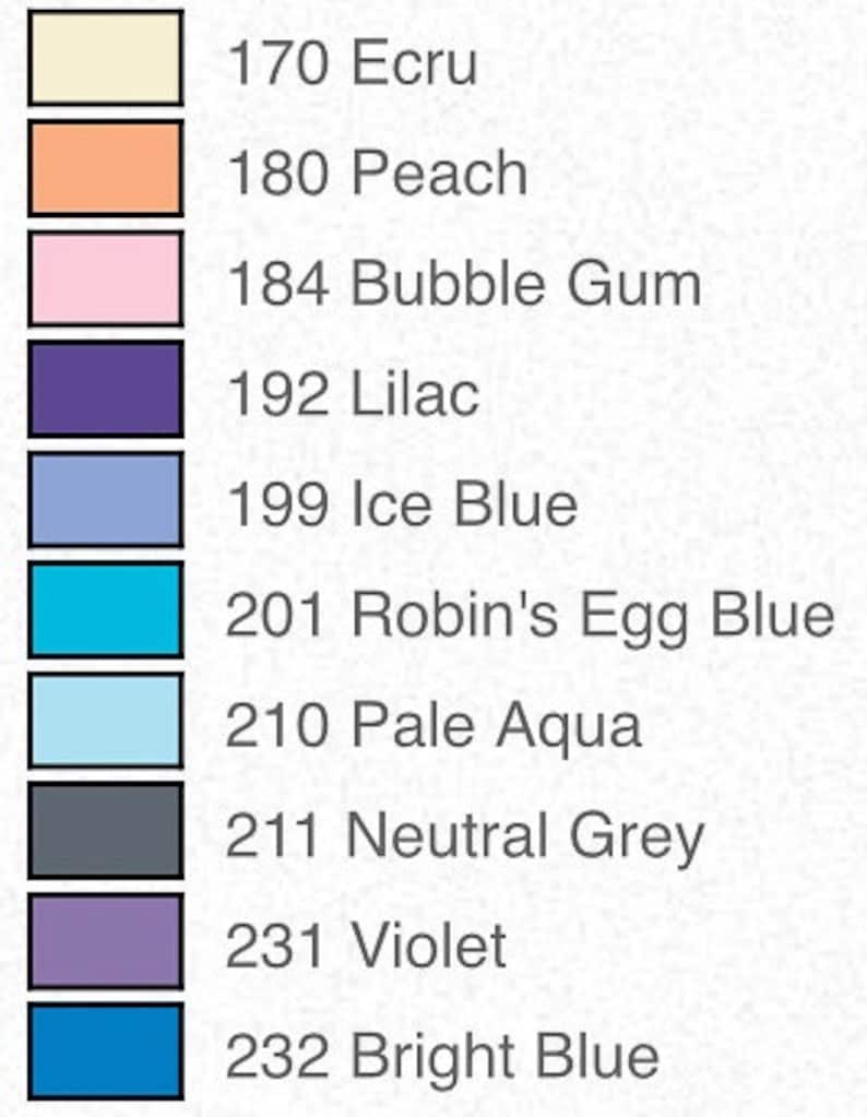May include: Color swatches with names and numbers. Colors include Ecru, Peach, Bubble Gum, Lilac, Ice Blue, Robin's Egg Blue, Pale Aqua, Neutral Grey, Violet, and Bright Blue.